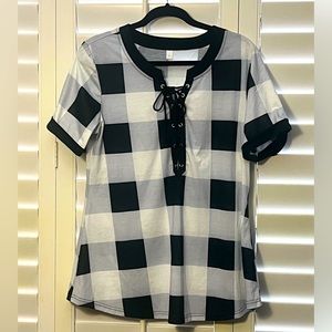 Silky Black, White, and Silver Blouse With Tied Neckline!